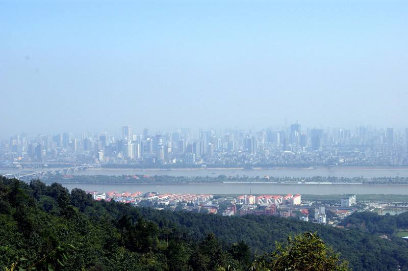 到了山顶,登高远眺,岳麓山风景名胜区如一巨大的盆景,"山,水,洲,城"